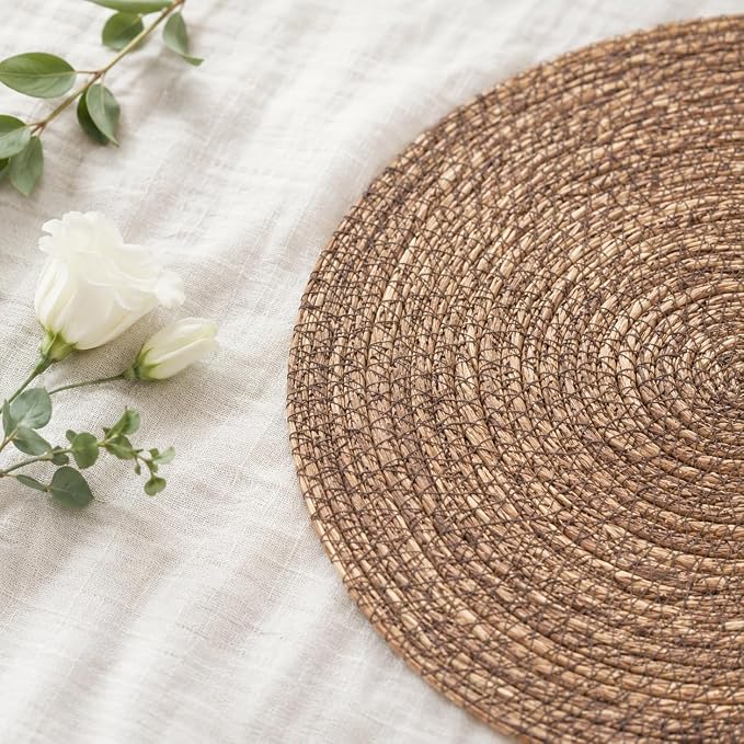 13.8" Set of 8 Brown Seagrass Woven Round Placemats - Image 9