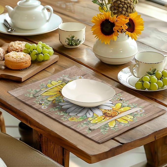 Spring Summer Floral Set of 4 Sunflower Daisy Eucalyptus Leaf Wooden Board - Image 6