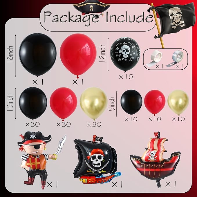 142Pcs Pirate Birthday Party Decorations Balloon Garland Arch Kit | Red Black - Image 2
