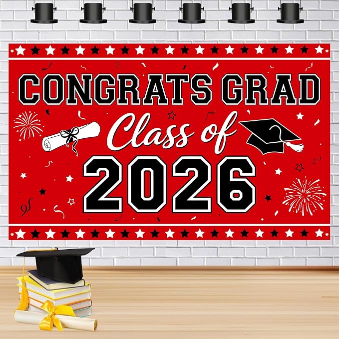 Red Graduation Banner Class of 2026-72" x 44" Congrats Grad Backdrop Decorations by Unknown