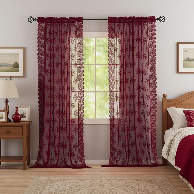 Kotile Burgundy Lace Curtains for Bedroom Rustic Floral 52x63 Inch 2 Panels | - Image 2