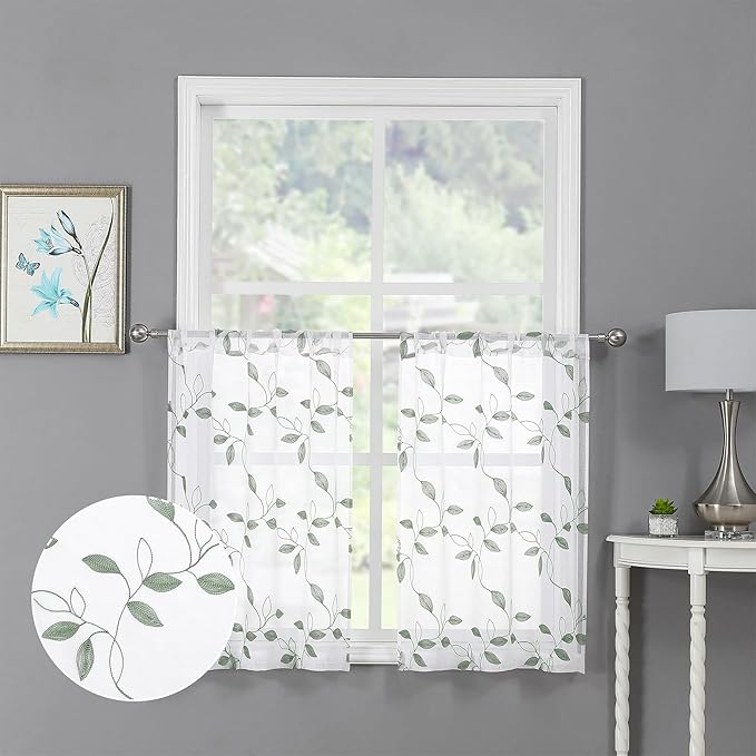 Tollpiz Sage Green Leaf Sheer Tier Curtains Leaves Embroidered Kitchen Short by Tollpiz