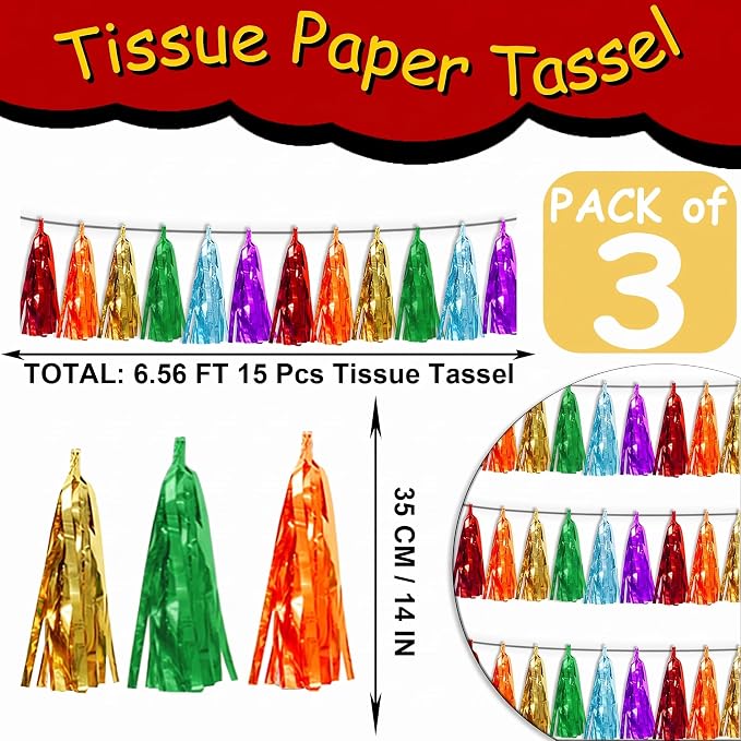 3P Lake Blue Orange-Red-Gold-Silver-Purple Tassel Banner Garland Metallic Foil - Image 3