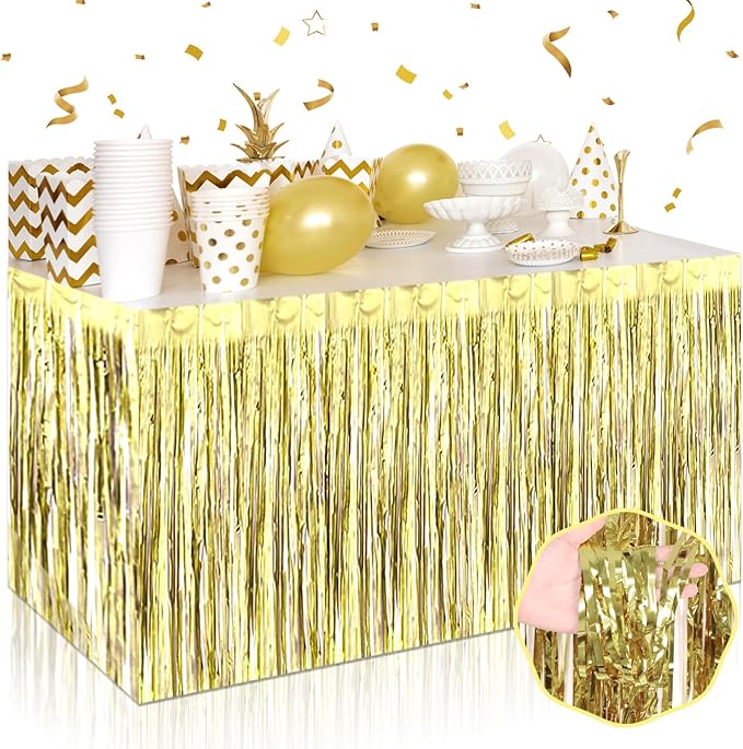 3 Pack 29 x108 Inch Light Gold Foil Fringe Table Skirts Metallic Banner for Tinsel Streamer Garland Backdrop for Parade Floats Wedding Thanksgiving Birthday Christmas New Year Party Decoration