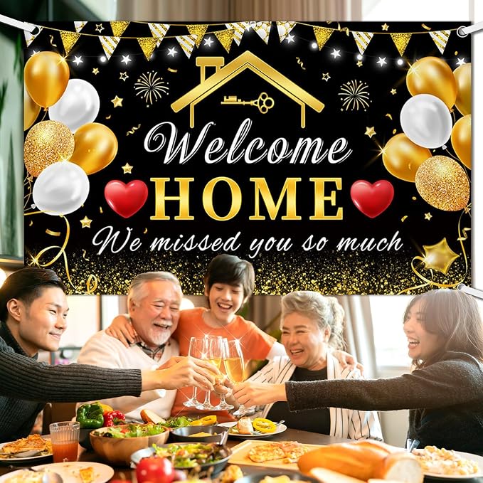AIBIIN 7x5ft Welcome Home Banner Decorations Black Gold Welcome Home Backdrop - Image 6