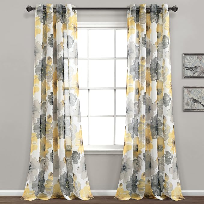 Lush Decor Leah Floral Sheer Window Curtain Panels Pair 52"W x 84"L Yellow & by LushDecor