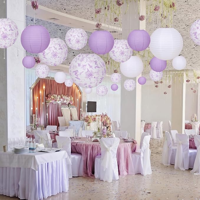 Riakrum 18 Pcs Floral Paper Lantern Set 10" 8" Purple and White Round Lantern - Image 4
