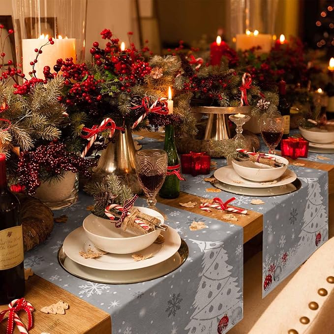 Christmas Snowflakes Cotton Linen Table Runner for Dining Kitchen, Xmas Tree Snow Winter Wedding Outdoor Party Tablerunners Decoration, Grey Balls Dresser Scarf Coffee Tablecloth Runners 13x120 Inches