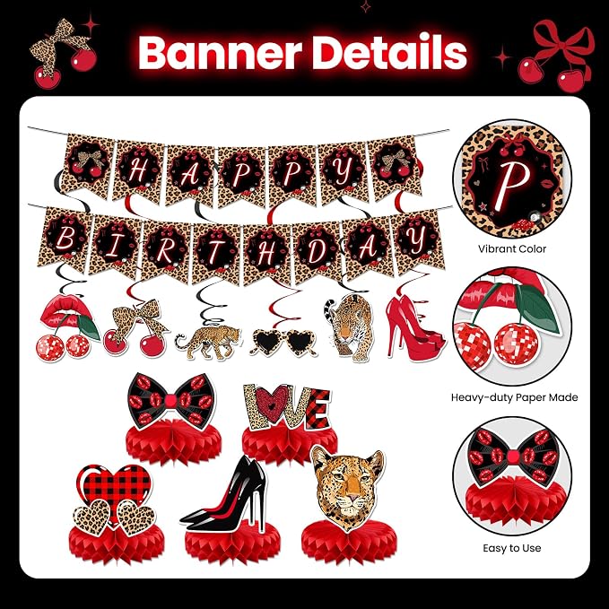 Cheetah Print Party Decorations 29pcs Cheetah Cherry Party Supplies | Red Black - Image 4
