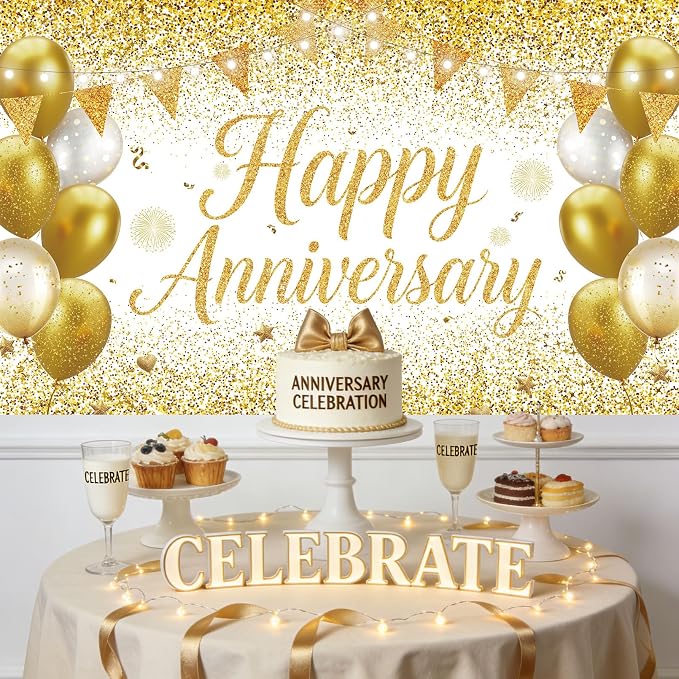White Gold Happy Anniversary Banner Large Backdrop Decorations, Church or Work - Image 5