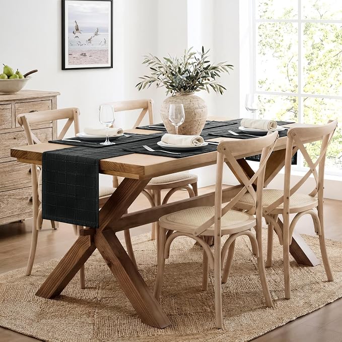 Linen Checked Farmhouse Table Runner, 13x108 Inches Black | Raised Grid Design - Image 3