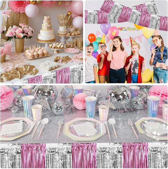 BEISHIDA Pink Silver Fringe Garland Banner 30ft Wall Tinsel Foil Streamers | - Image 4