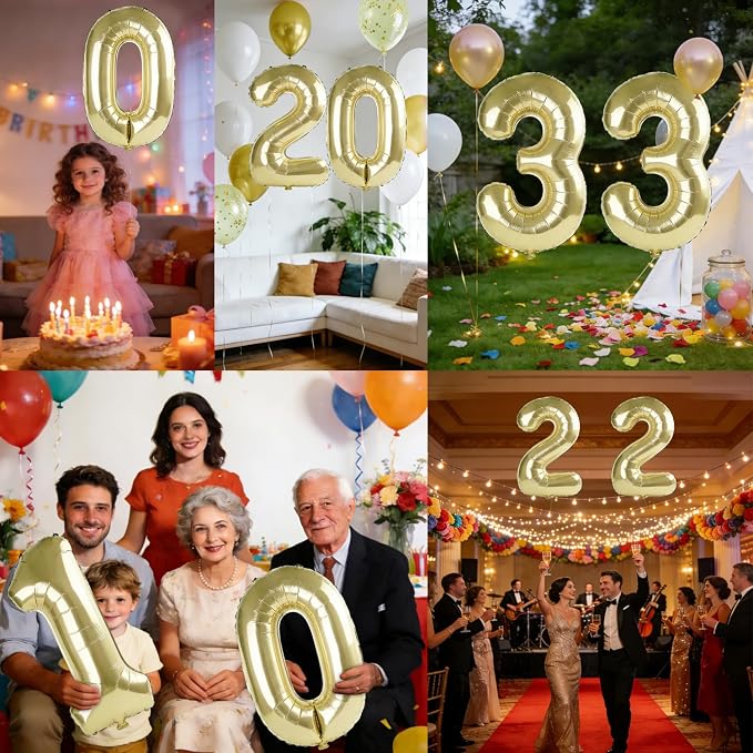 40 Inch Number 33 Balloons for 33rd Birthday Party Decorations, 0-100 Champagne - Image 7