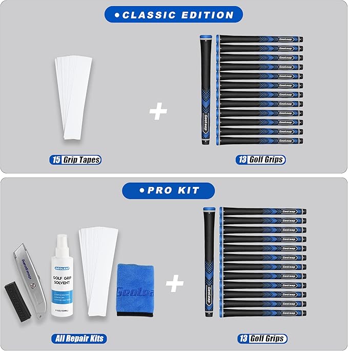 Geoleap Golf Grips Set of 13- Soft Golf Club Grips,Reduce Taper Design Provides High Traction and Performance,13 Grips with 15 Tapes and 13 Grips with All Repair Kits for Choice.