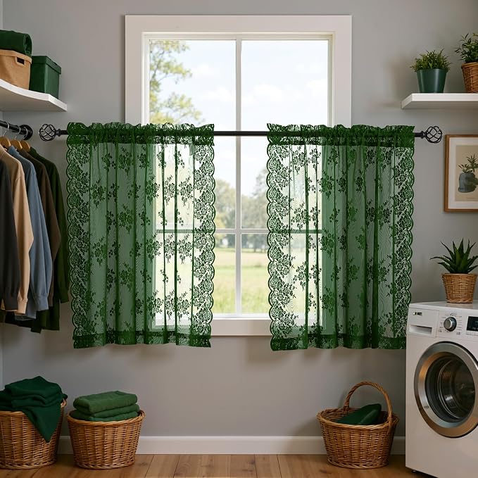 Emerald Green Lace Curtains for Kitchen Windows W42 x L36 Inch, 2 Panels | Rod - Image 5
