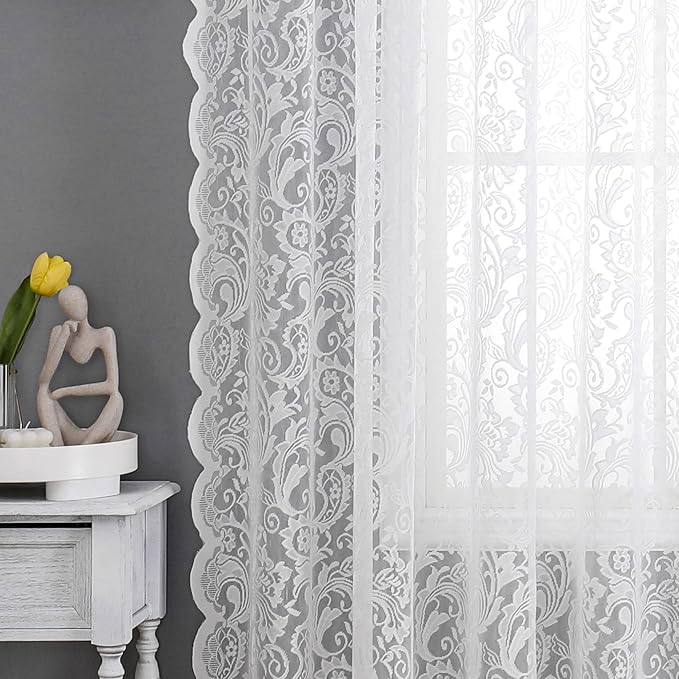Bujasso White Lace Sheer Curtains 108 inch Vintage Floral Sheer Window Curtain - Image 4