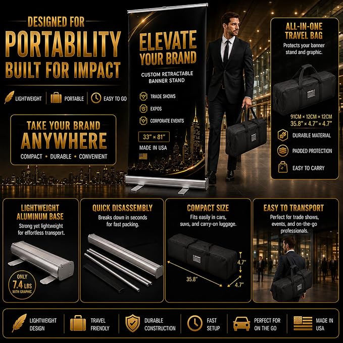 Custom Retractable Banner with Silver Aluminum Stand, Made in USA, Travel Bag - Image 6