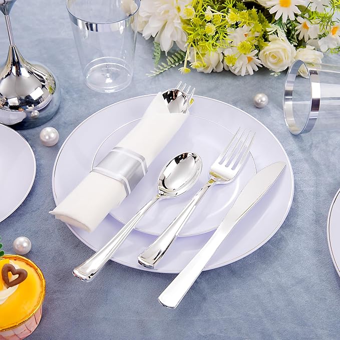 KIRE 350 PCS Plastic Dinnerware Set for 50 Guests, Silver Plastic Plates Include 50 Dinner, 50 Dessert Plates, 50 Pre Rolled Napkins with Silverware, 50 Cups for Wedding, Party, Banqet, Gathering