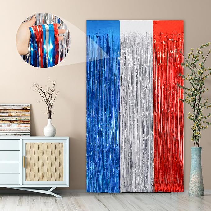 2Pack 3.3 x 8.3Ft Blue Red Silver Foil Fringe Streamers Curtain Metallic Foil - Image 2