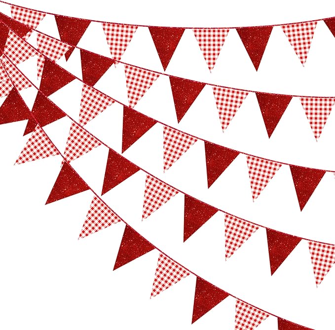Red Buffalo Plaid Party Decorations Pennant Banner Flag Hanging Red Glitter by pinkblume
