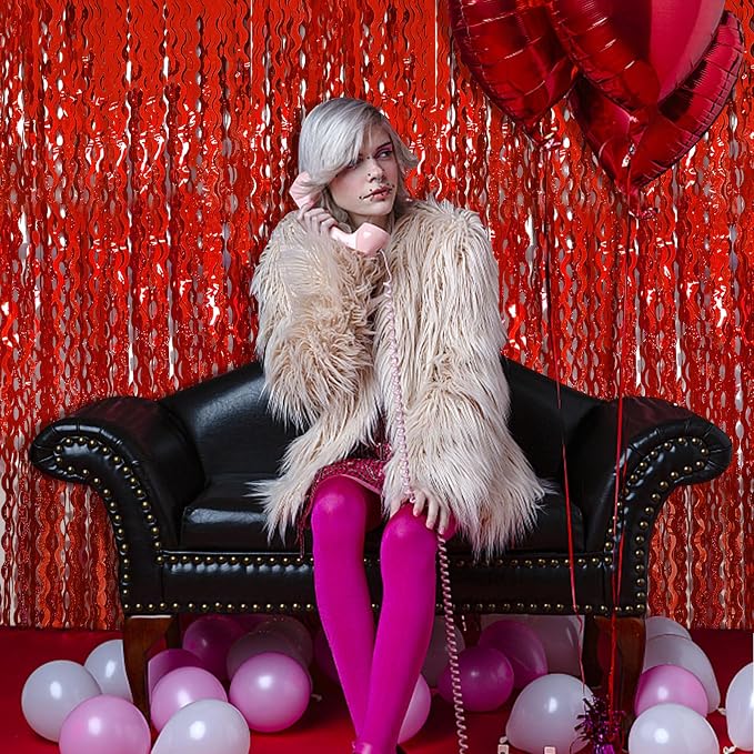 BOMSI Red Tinsel Foil Fringe Curtains Wavy Backdrop - Image 3