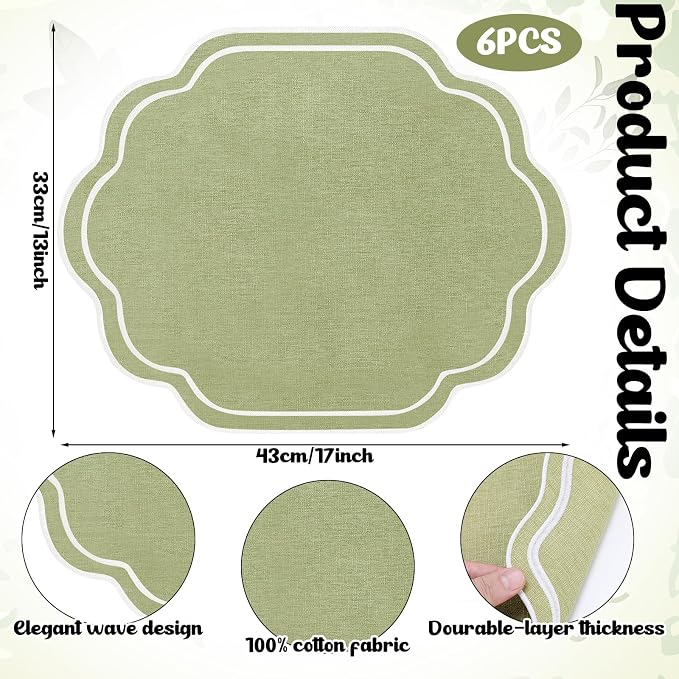 6 Pcs Sage Green Wedding Placemats Scalloped Embroidered Cotton Linen Placemats - Image 6