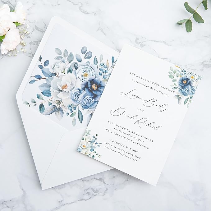 PONATIA 50PCS A7 Euro Flap White Envelope, 5.25 x 7.25'' Dusty Blue Flowers Liner Envelopes for Wedding Invitations, Photos, Postcards, Greeting Cards, Acrylic Mailing, 5x7 Envelopes