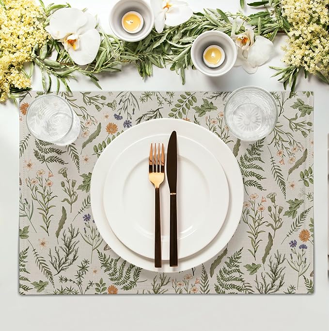 Sage Green Wild Flower Spring Summer Placemats Set of 4 Seasonal Wildflower - Image 3