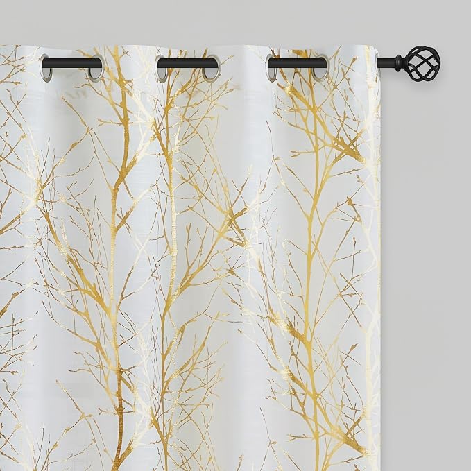 FMFUNCTEX Linen Gold White Semi Sheer Print Curtains 54 Inch Long 2 Panels | by Fmfunctex