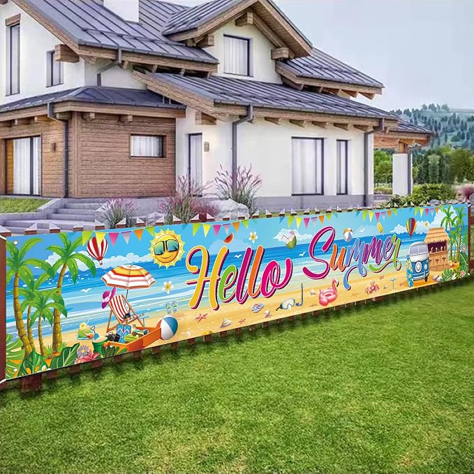 Hello Summer Banner, 118 x 20 Inch Beach Pool Hawaiian Luau Party Decorations - Image 2