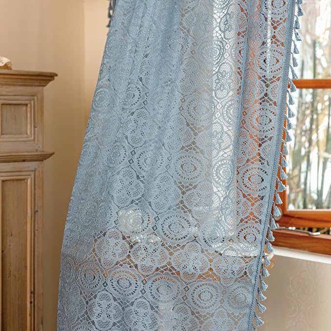 YJ YANJUN Boho Lace Curtains, Dusty Blue Sheer Window Panels | Light Blue - Image 5