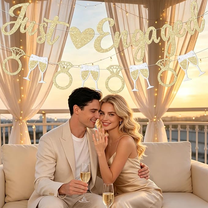 Champagne Gold Just Engaged Banner Prestrung Engagement Party Decorations Happy - Image 6