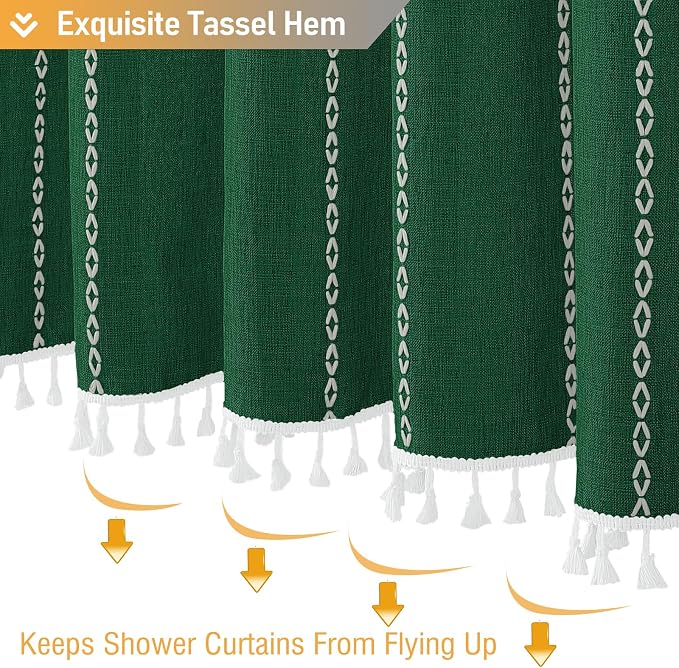 Emerald Green Boho Farmhouse Linen Heavy Duty Shower Curtain, 72x72 | 330GSM - Image 5