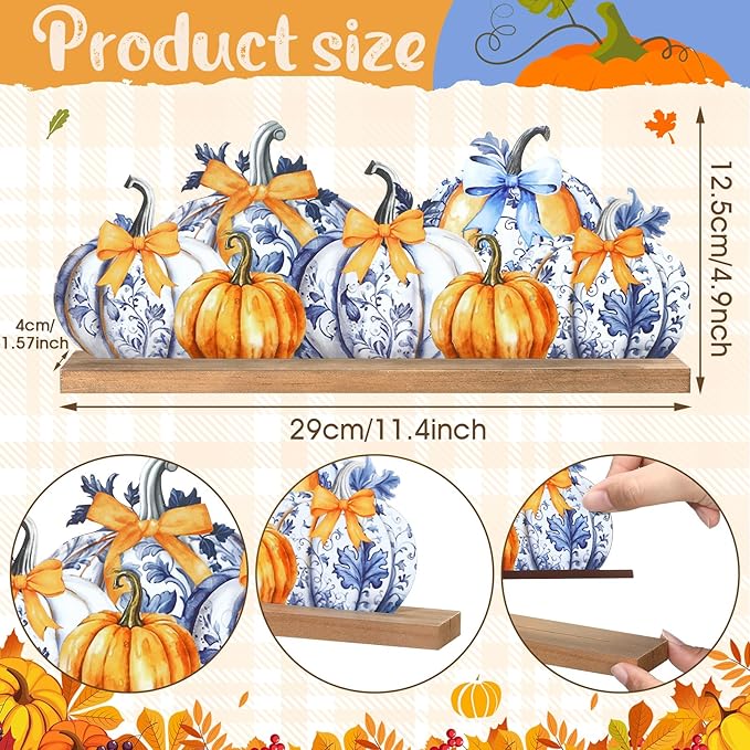 Fall Pumpkin Metal Sign Chinoiserie Pumpkin Table Decor Thanksgiving Tiered Tray Decor with Wooden Base Freestanding Metal Word Sign for Home Tabletop Centerpiece Mantel Shelf Fireplace