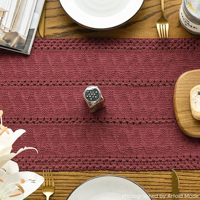 Artoid Mode Red Farmhouse Woven Rustic Hollow Table Runner, Seasonal Holiday Hollow Kitchen Dining Table Decoration for Home Party Decor 12x90 Inch