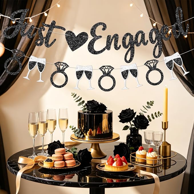 Black Just Engaged Banner Prestrung Engagement Party Decorations Happy - Image 5