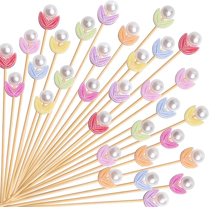 120 Pcs Tulip Cocktail Picks 4.7 Inch Pearl Flower Decorative Toothpicks by KIGEAPUEL