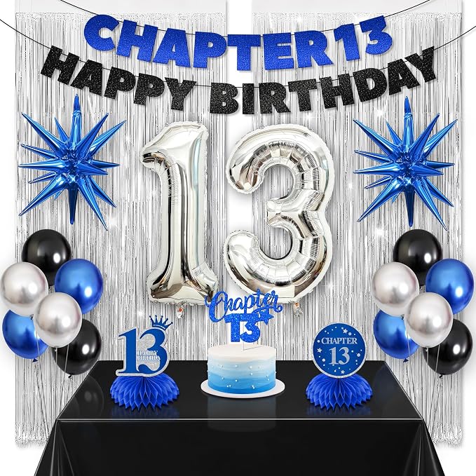 13th Birthday Decorations for Boys and Girls, Fringe Curtains, Tablecloth and by Vicycaty