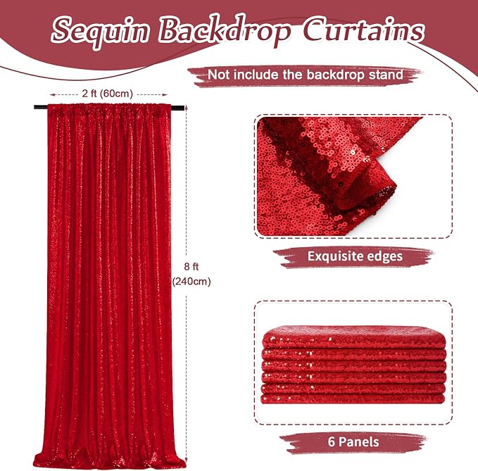 Red Sequin Backdrop Curtains-6 Panels 2FTx8FT Red Backdrop - Image 2