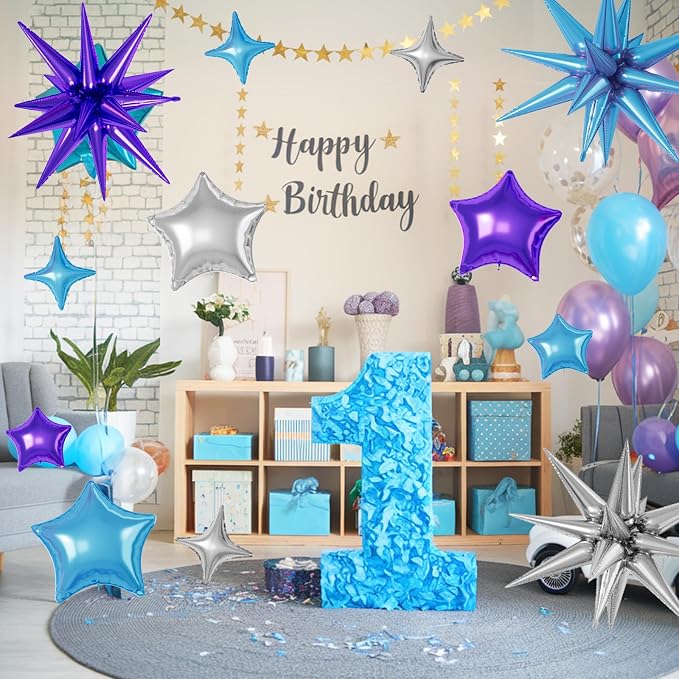 Blue Purple Silver Star Balloons, 22/18/10 Inch Foil Balloons, Four-Pointed - Image 5