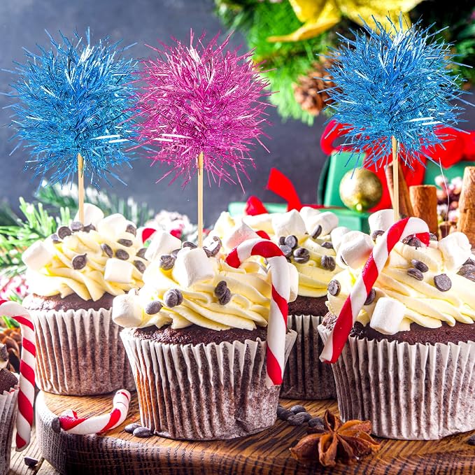 Chinco 100 Pcs Foil Firework Cupcake Toppers Sparkle Tinsel Cake Toppers Cake - Image 5