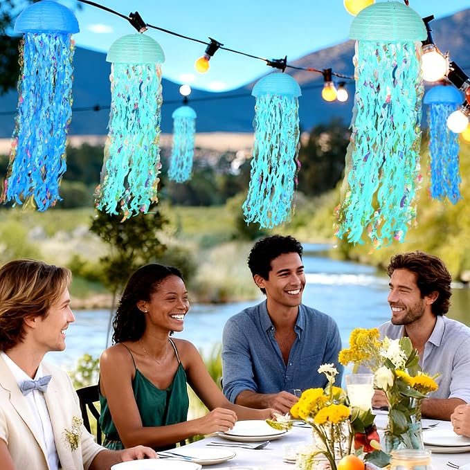 Set of 6 Blue Hanging Jellyfish Paper Lanterns 10'' - Image 4