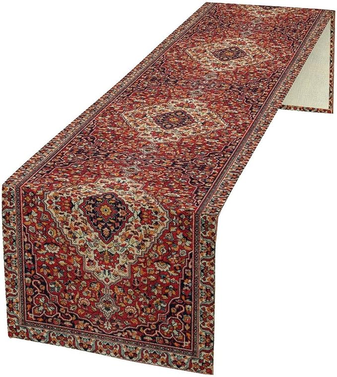Boho Floral Vintage Table Runner, Paisley Retro Red Flower Rustic Country Farmhouse Abstract Pattern for Home Kitchen Table Decor Dining Coffee Room Party Decor 13x72in