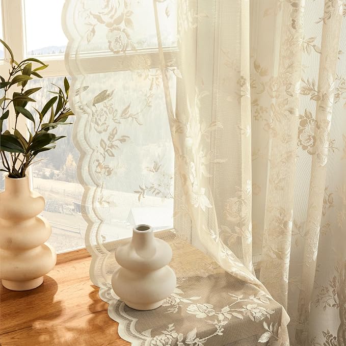 Beige Lace Curtains 120 Inches Long 2 Panels Vintage Floral Sheer Curtains - Image 3