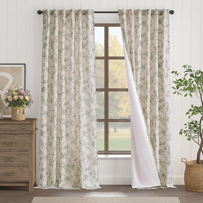 Black Floral Linen Lined Curtains Rod Pocket 50W X 96L 2 Panels | Charlotte - Image 2