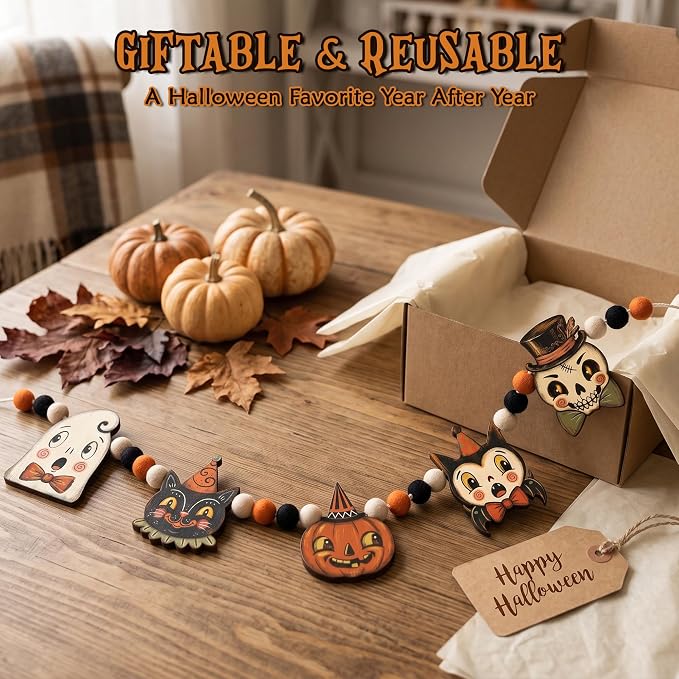 Halloween Ghost Garland Wooden Halloween Banner Outdoor Indoor - Image 5