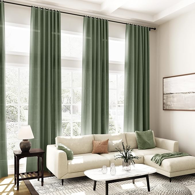 Olive Green Linen Textured 96 Inch Curtains 2 Panel Set Back Tab Rod Pocket - Image 7