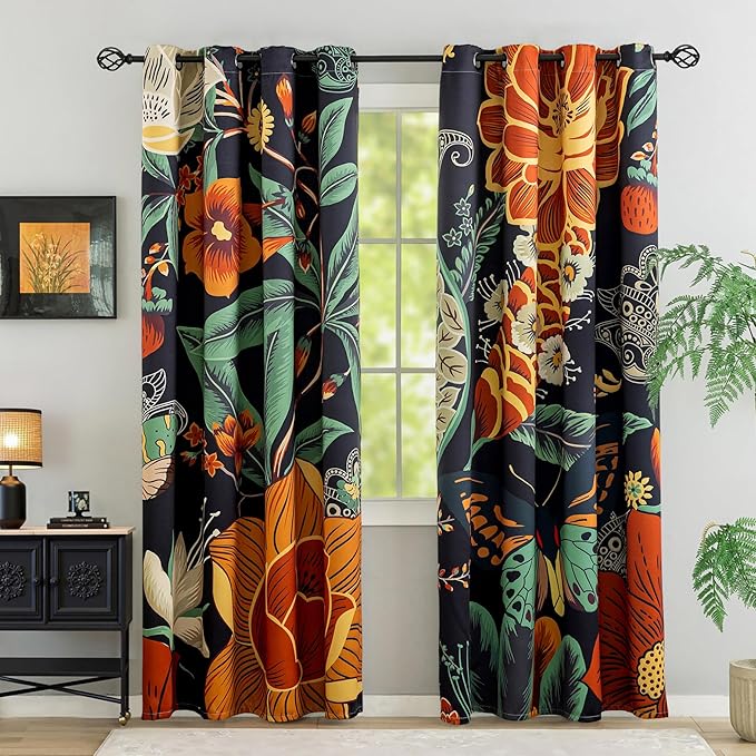 Tyrot Black Boho Floral 100% Blackout Curtains by TyrotHomeDecor