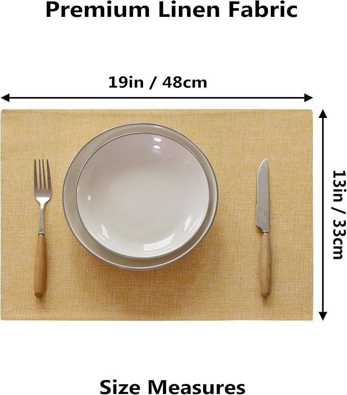 Demetex Placemats Set of 6 Yellow Linen Table Mats Heat Resistant Cloth Place - Image 2