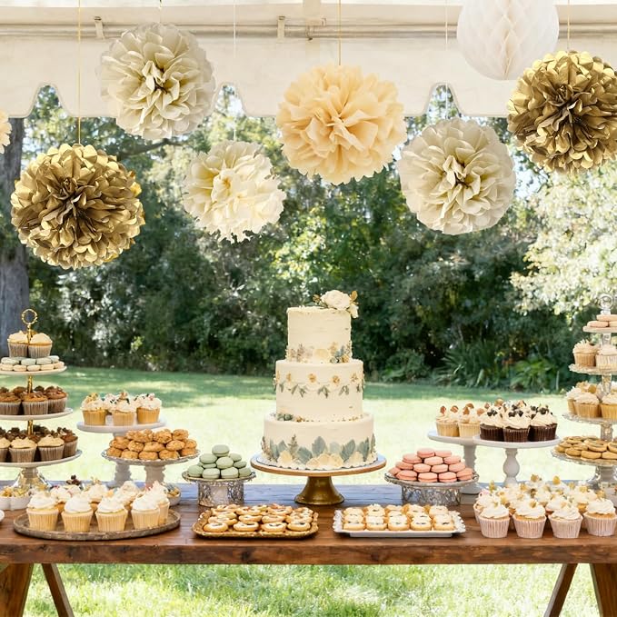 Gold Champagne Gold and Ivory Paper Pom Poms - Image 3